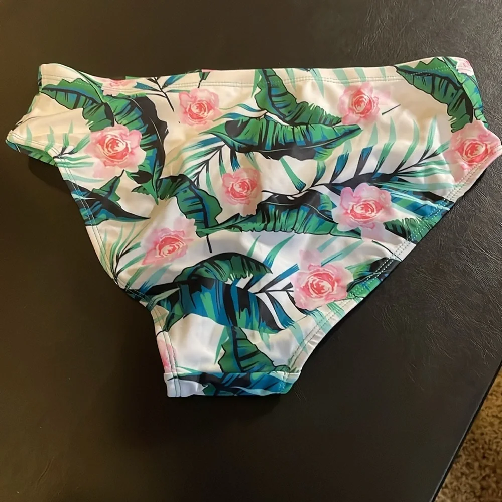 Floral Print Swim Bottom, Women’s M, Green White Pink